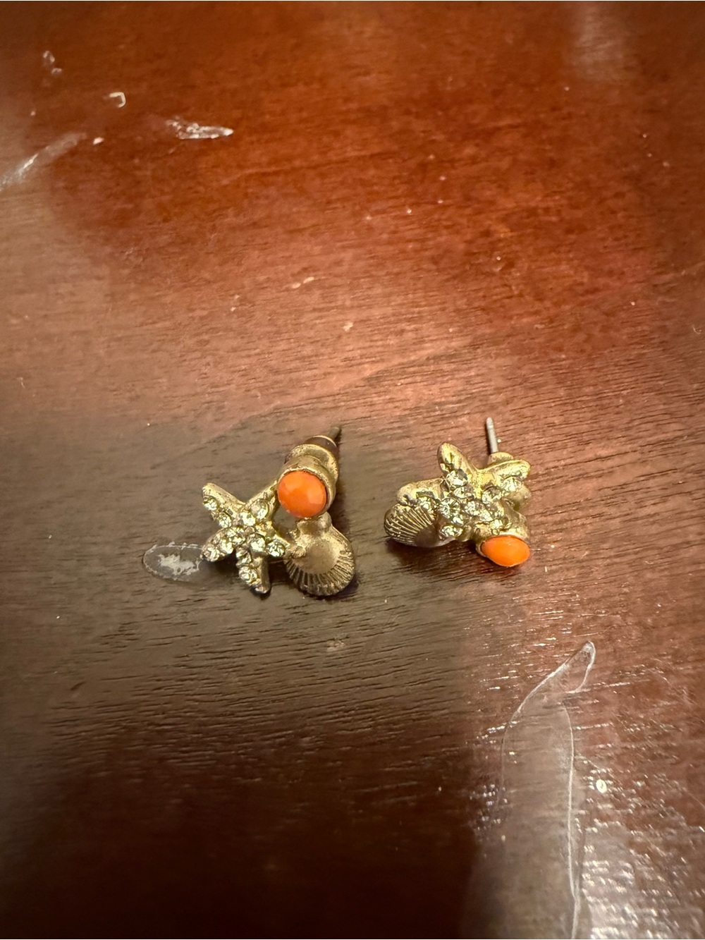 Gold Starfish Stud Earrings with Orange Accent